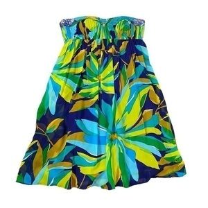 Aidan Mattox Niteline Silk Strapless Retro Floral Blue Green prom Cocktail dress